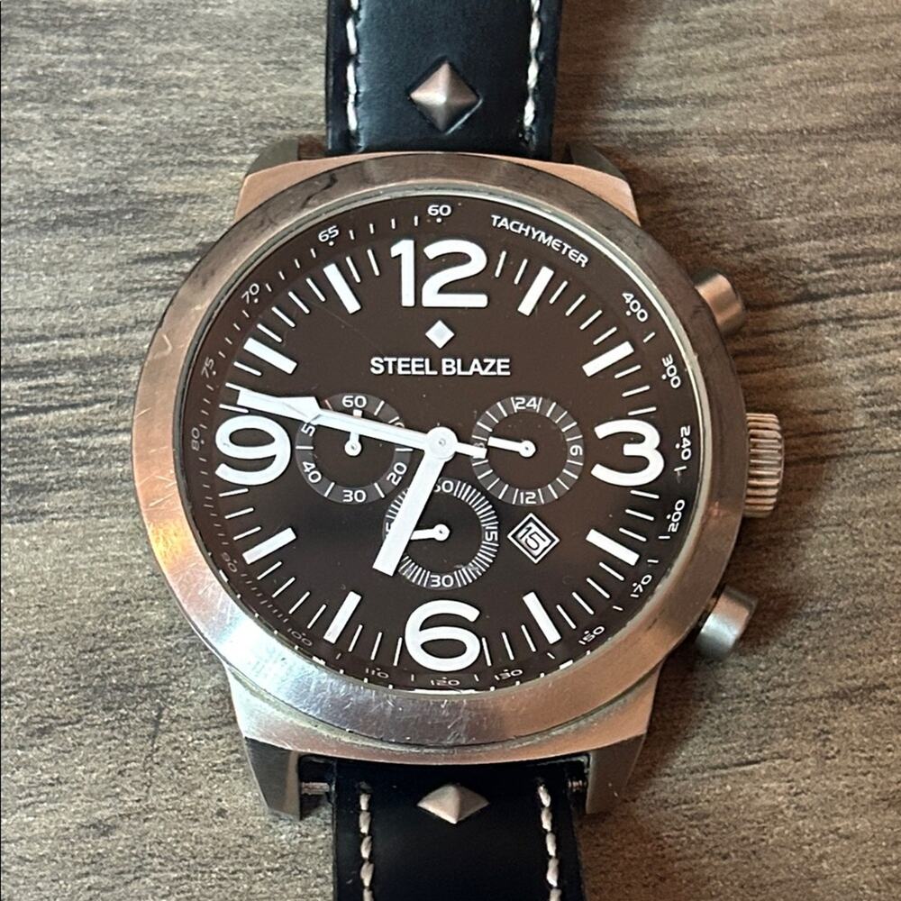 Steel Blade Men’s Watch Stainless Steel Case Leather Strap #W002 New Battery